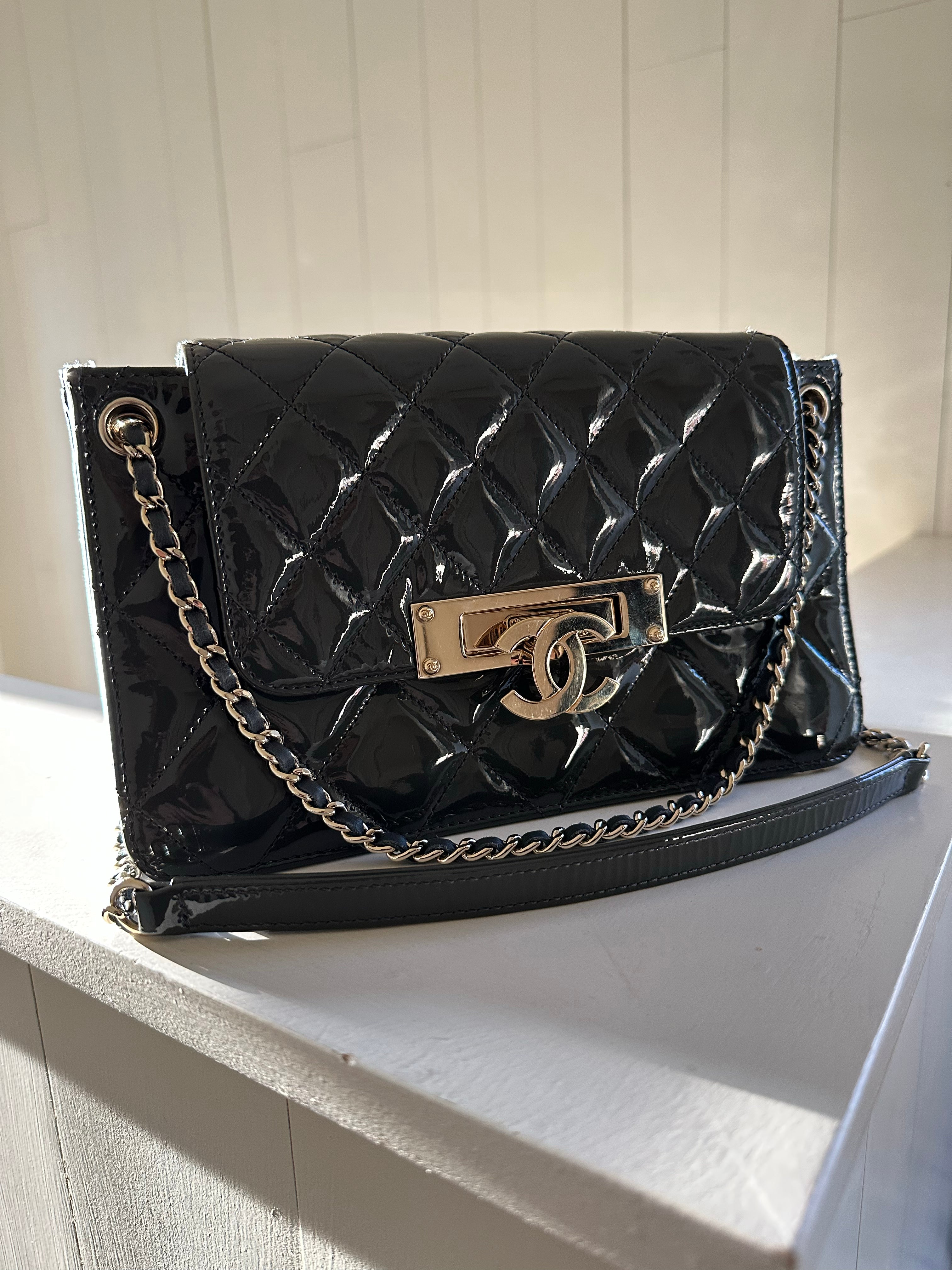 Chanel Small Box with Chain Patent Leather Clutch Black