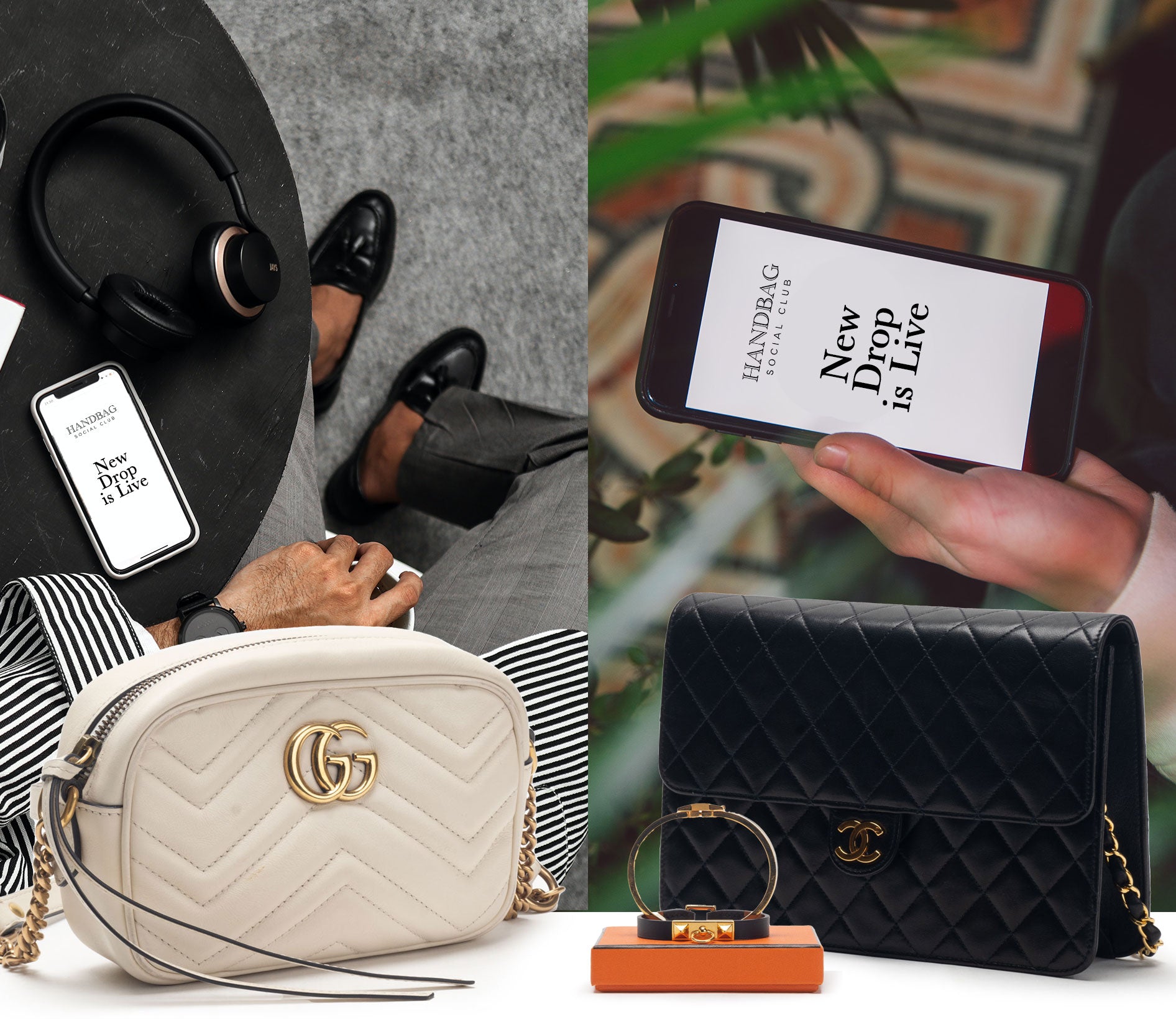 Men and woman on phones waiting for product drop, Gucci Marmont, Chanel Flat Flap, Hermes Clic H Bracelet, Hermes Rivale Mini Bracelet, Hermes Box, Chanel Box