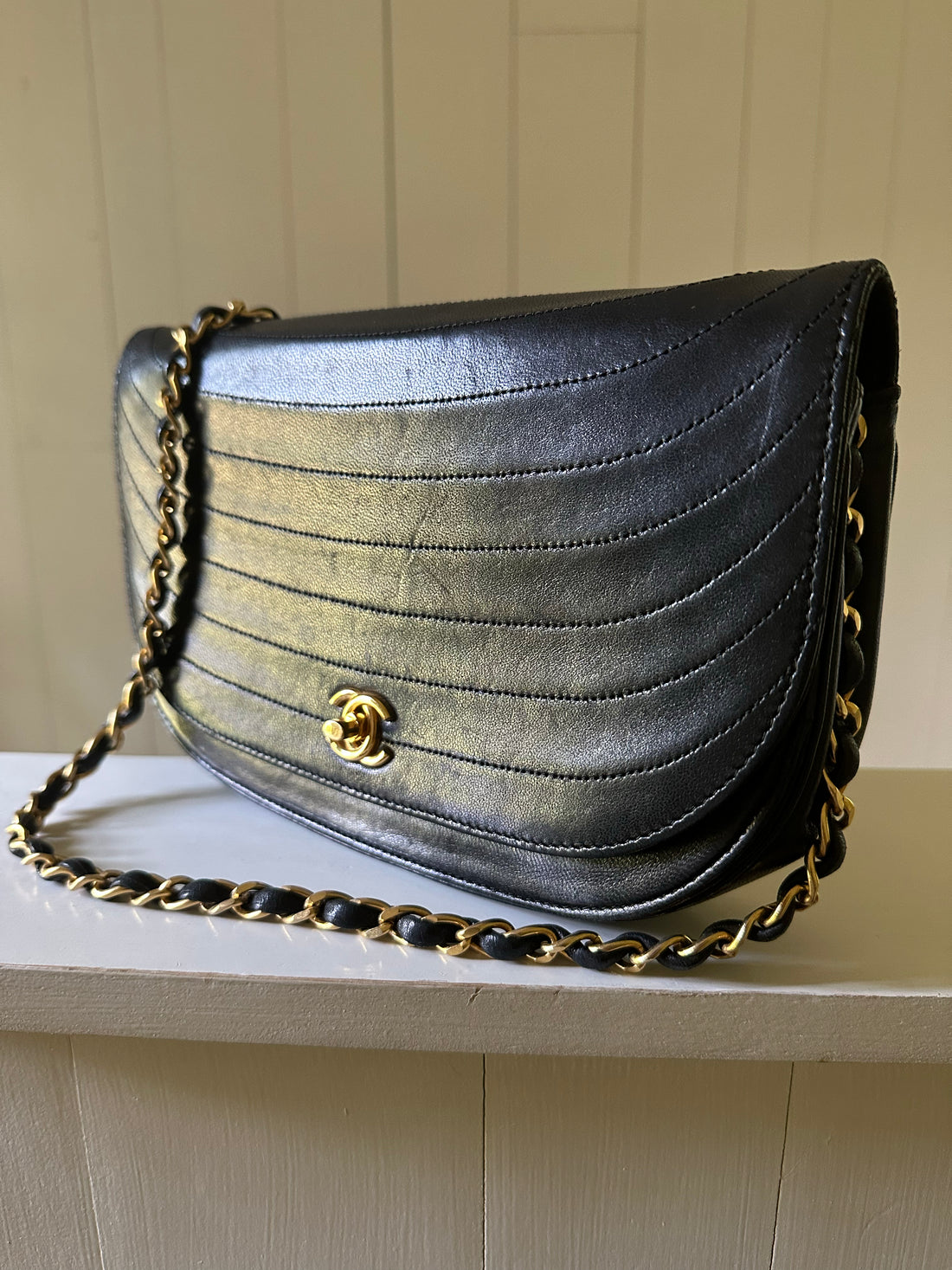 Chanel Half Moon Single Flap Bag front natural light