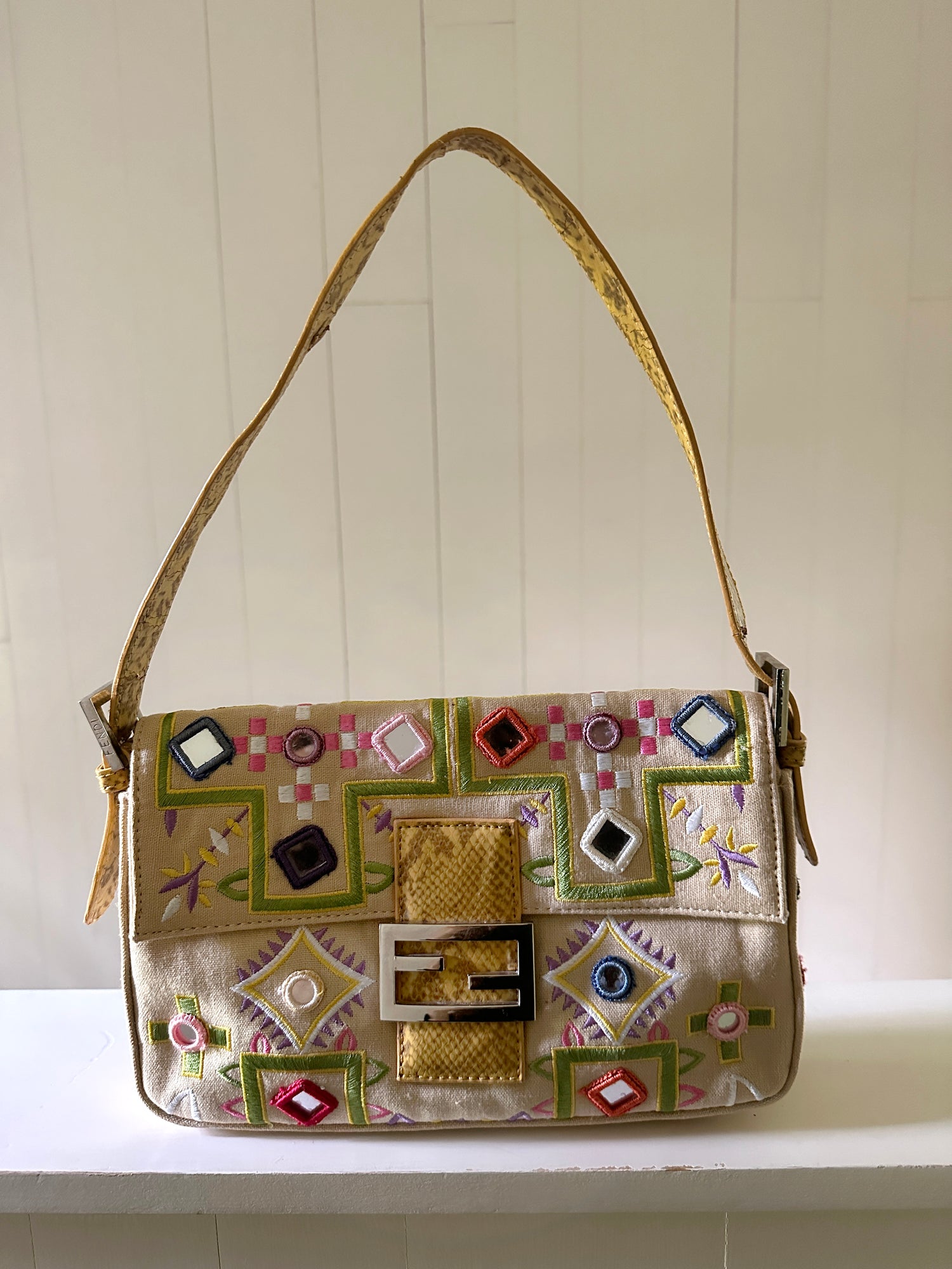 Fendi Embroidered Floral &amp; Mirror Baguette