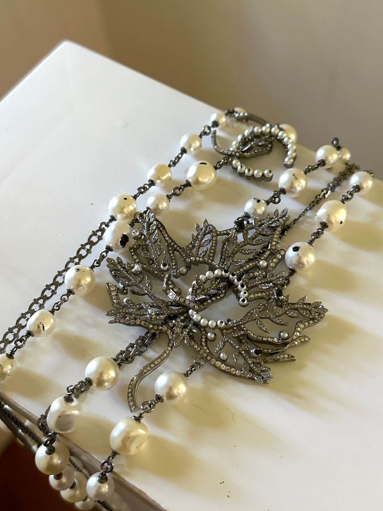 Chanel Strass and Faux Pearl Leaf Necklace