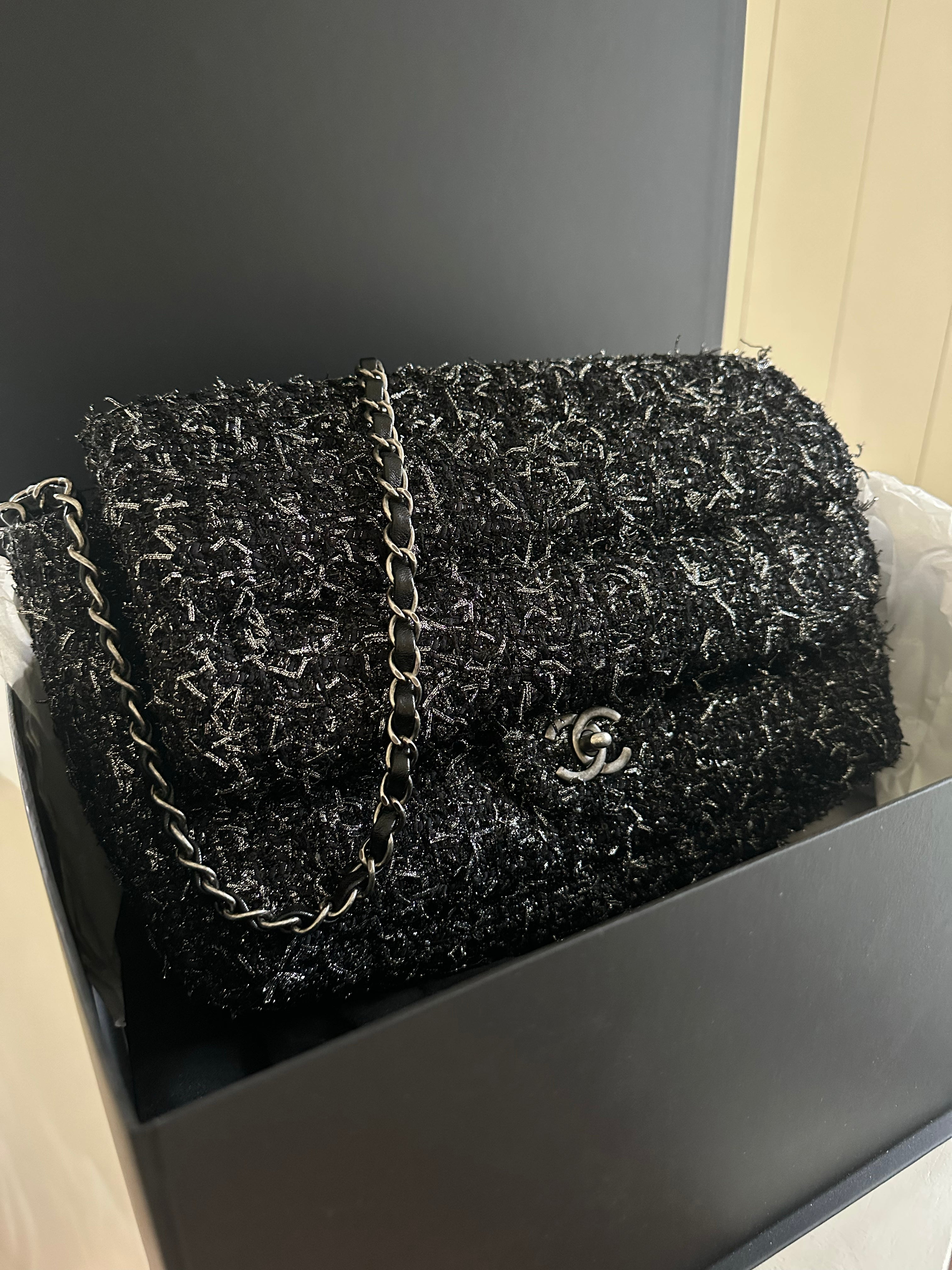 Chanel Glittered Tweed Jumbo Flap In Box