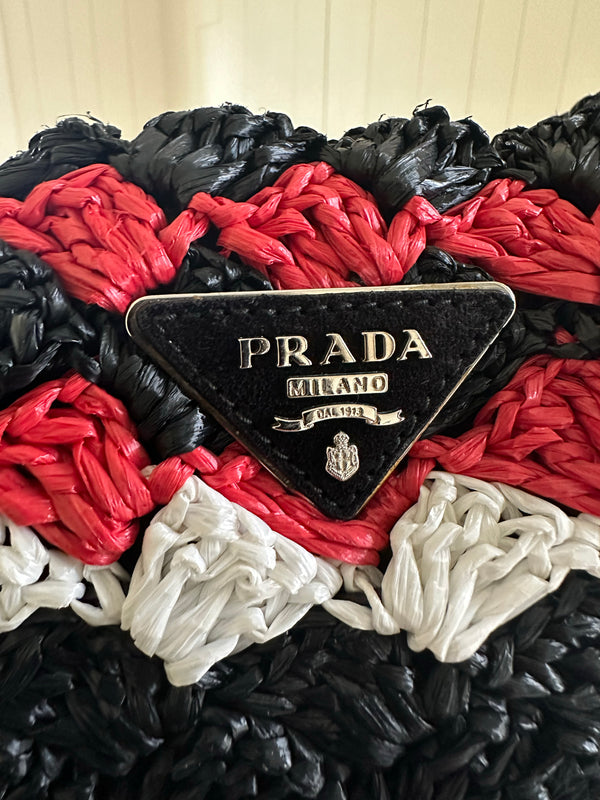 Prada Raffia Crochet Tote Logo Detail