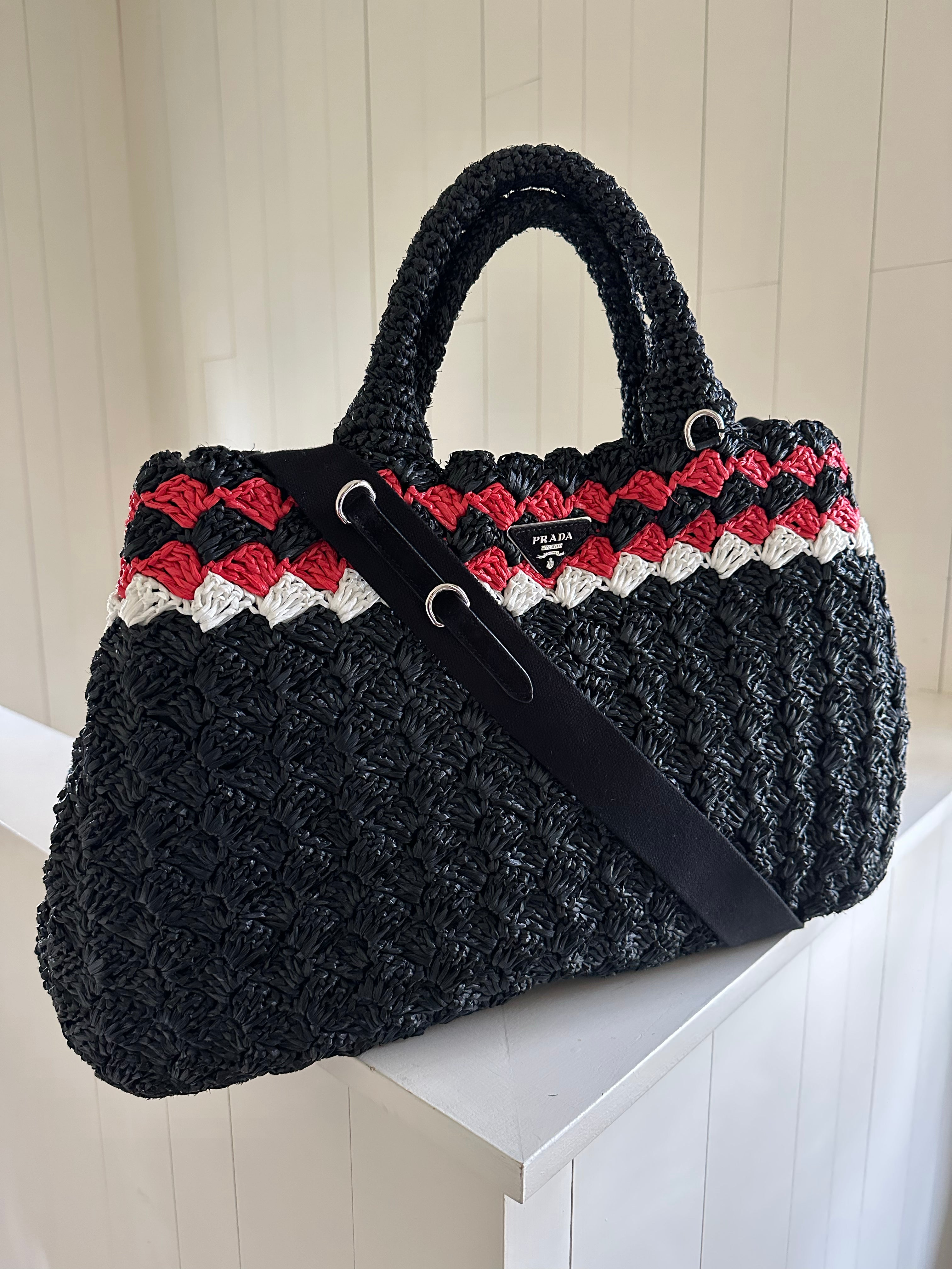 Prada Raffia Crochet Tote Front