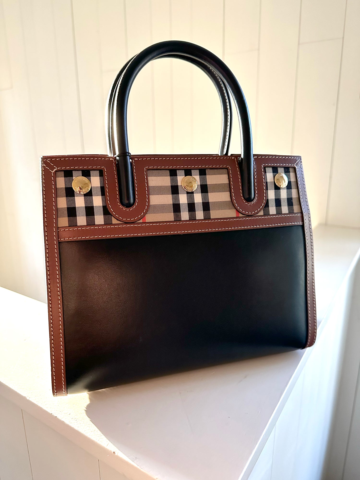 Burberry Leather and Vintage Check Two-handle Title Bag Mini Black